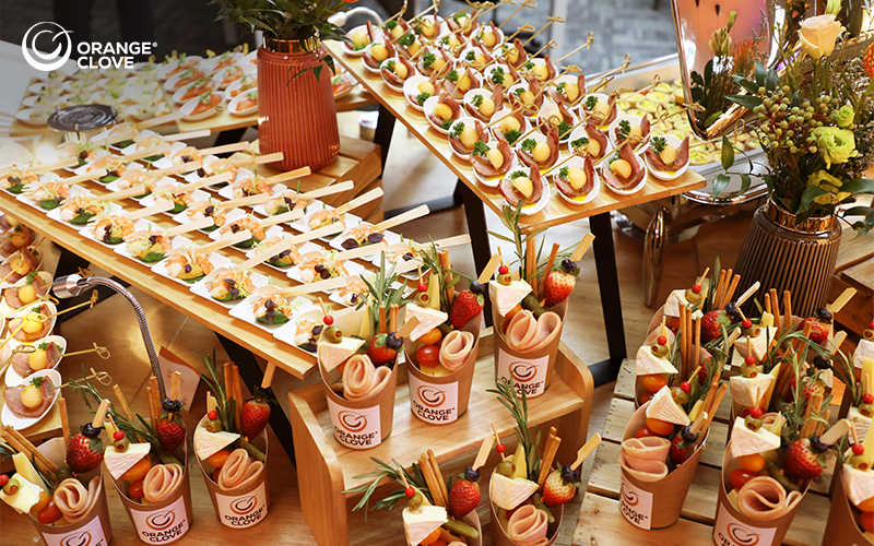 Different types of catering canapes on buffet